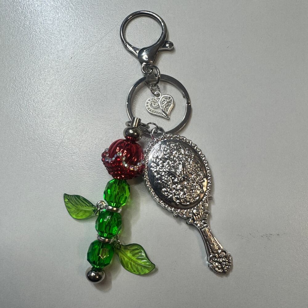 Beauty and the Beast Inspired Mirror Keychain Rose Beaded Bag Charm Handmade